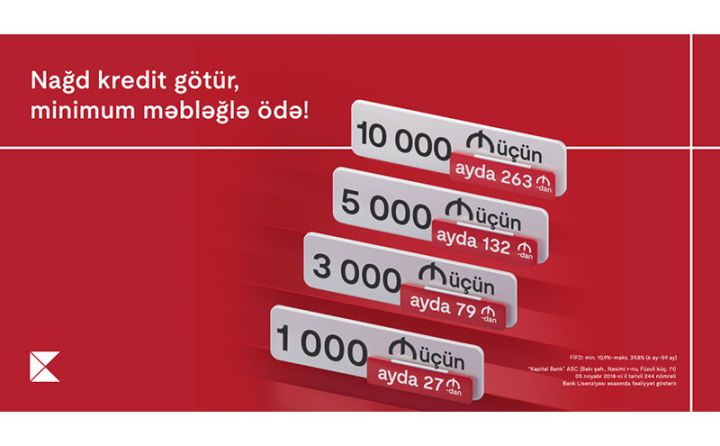 Kapital Bank-dan nağd pul kreditinə minimum ödəniş fürsəti - ayda 27 AZN ödənişlə 1 000 AZN kredit